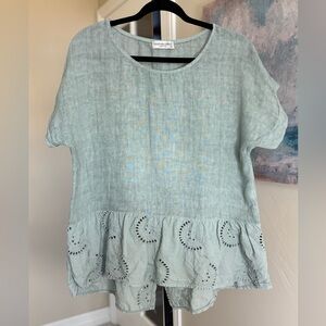 Terzo Millennio Sage Green Eyelet Ruffle Linen Top Made in Italy Women’s Small